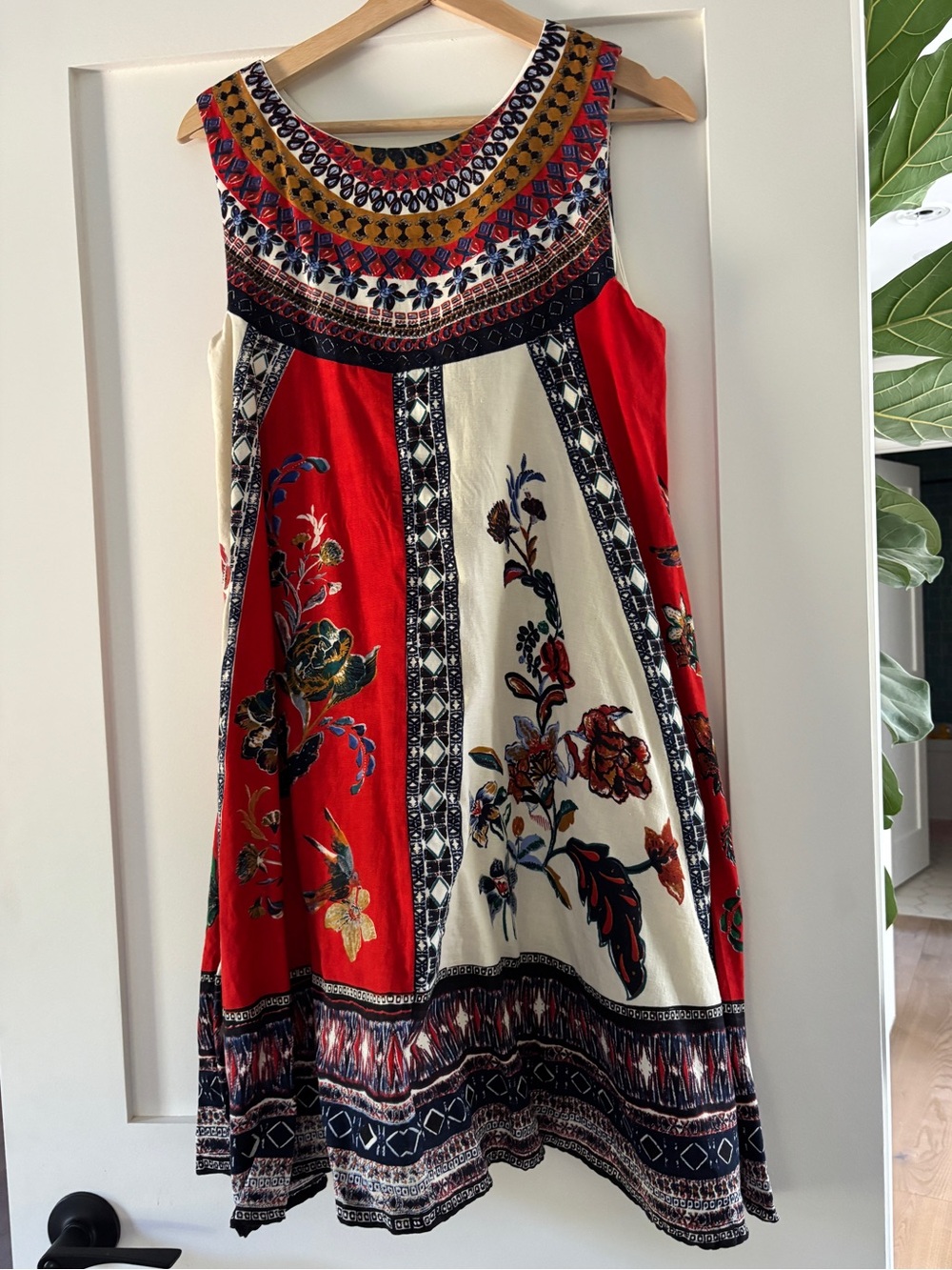 Anthropologie Red and Cream Floral Border Print Sleeveless Dress